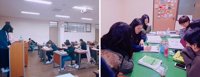 발표중인 학생들 모습, 팀별 회의를 진행하고 있는 모습